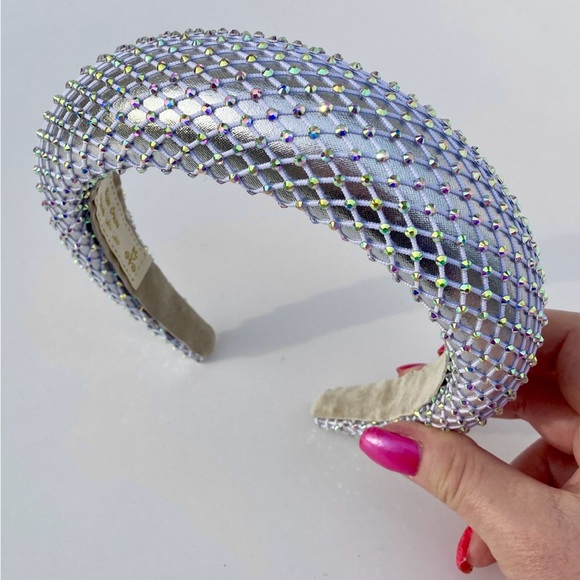 Padded 1.5” Headband with Rhinestone-Adorned Mesh Overlay/Silver Base Handmade - Picture 3 of 10